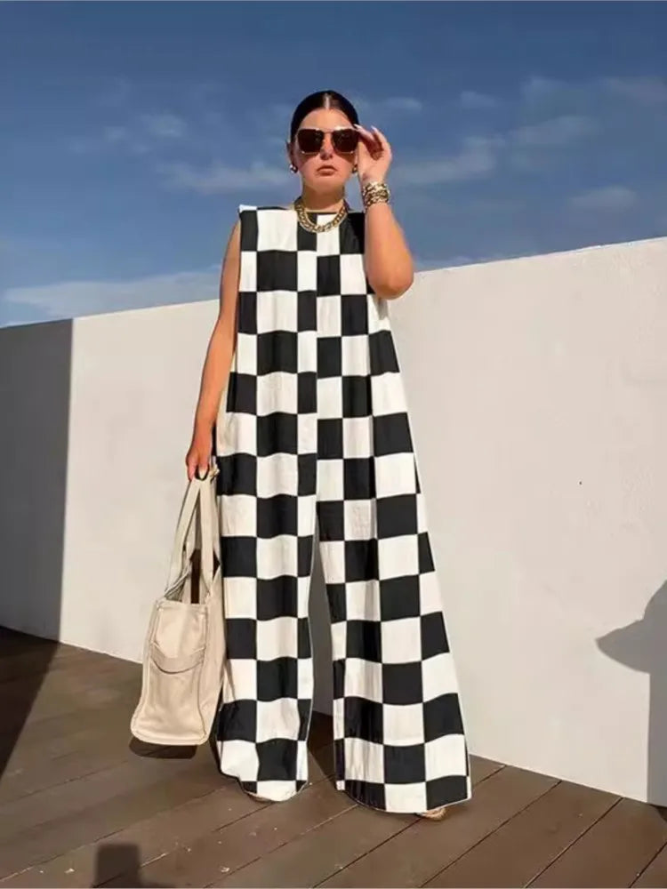 Fashion O-neck Sleeveless Wide-leg Jumpsuit Elegant Plaid Stripe Print Loose Casual Jumpsuit for Women Milanni Fashion