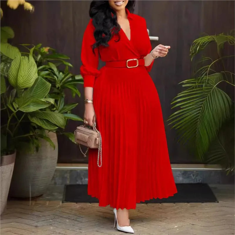 Pleated V-Neck Long Sleeve Belted Midi Dress for Autumn Stylish Elegant Women's Fall Fashion Dress Maxi Dress Milanni Fashion