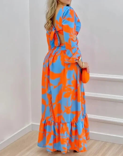 Women Long Sleeved Cutout V-Neck Twist Summer Elegant Tie Dyed Floral Printed Lantern Sleeve Split Thigh Maxi Dress Maxi Dress Milanni Fashion   