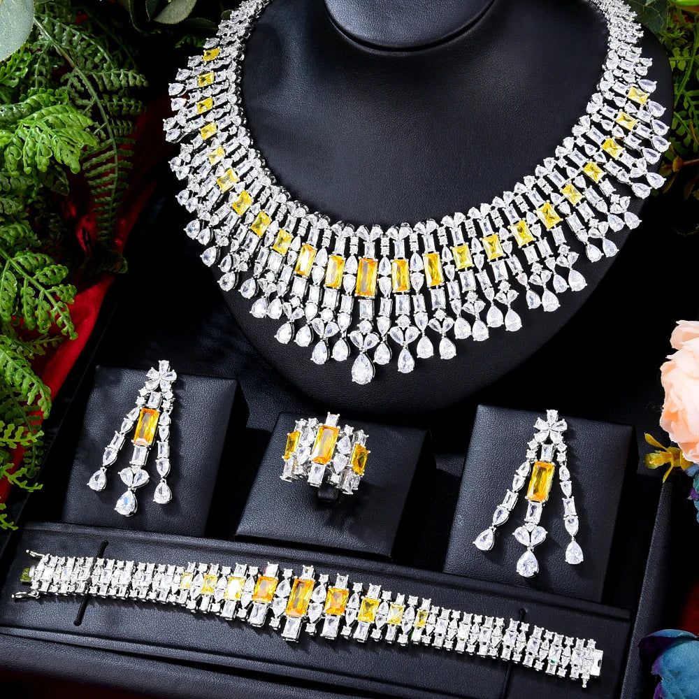 Double Layer Zircon Bridal Necklace With Earrings Trendy Jewelry Set For Women Jewelry Sets Milanni Fashion Yellow resizable 