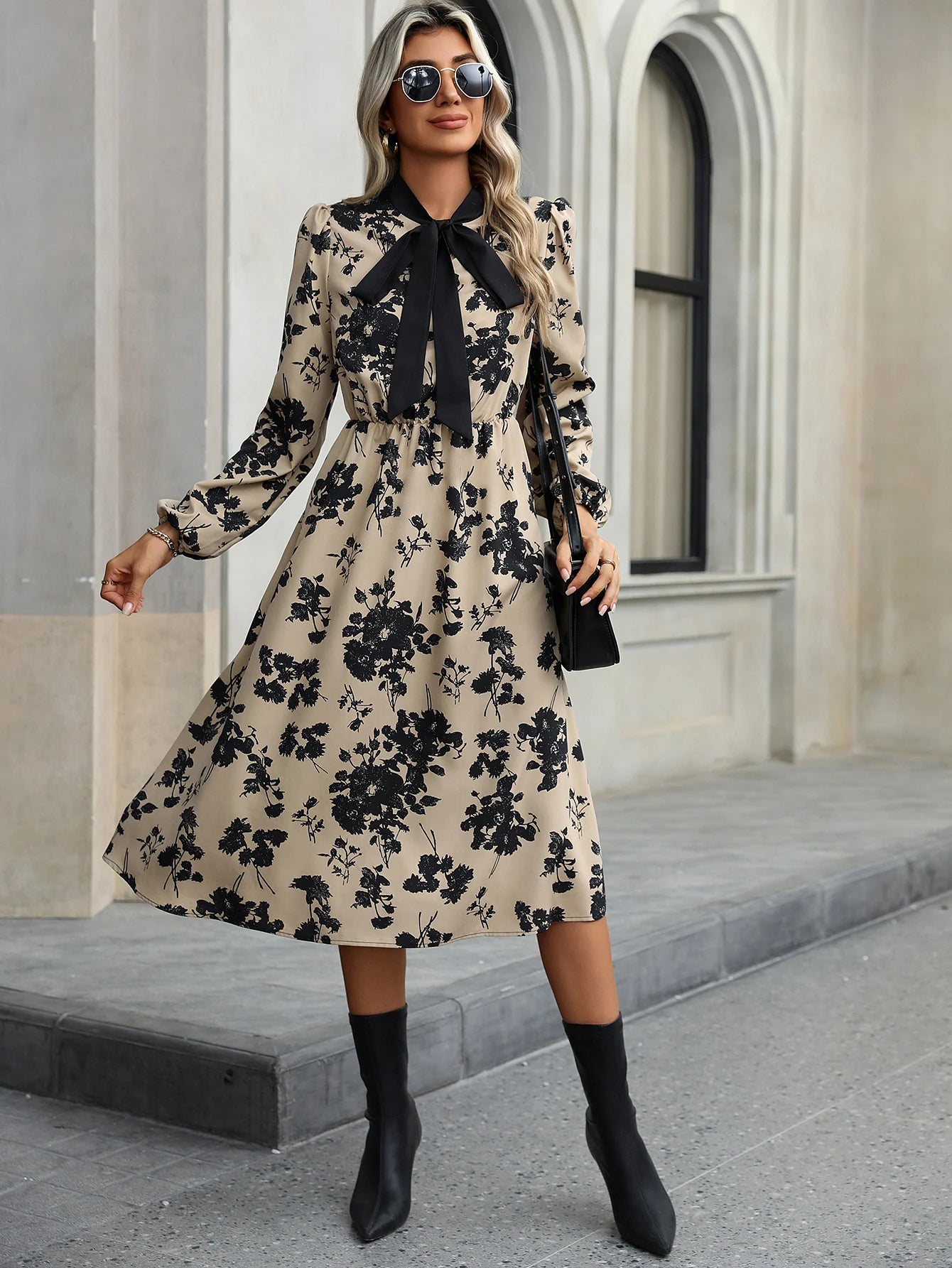 Fashionable Elegant Floating Collar Printed Waist Cinched A-line Long Sleeve Dress for Women Milanni Fashion