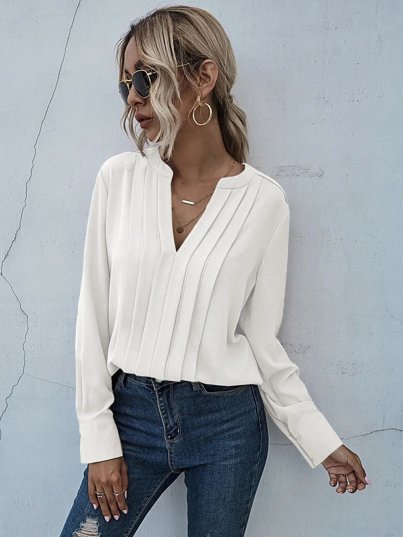 Josephine | Elegant pleated V-neck blouse with graceful feminine drape