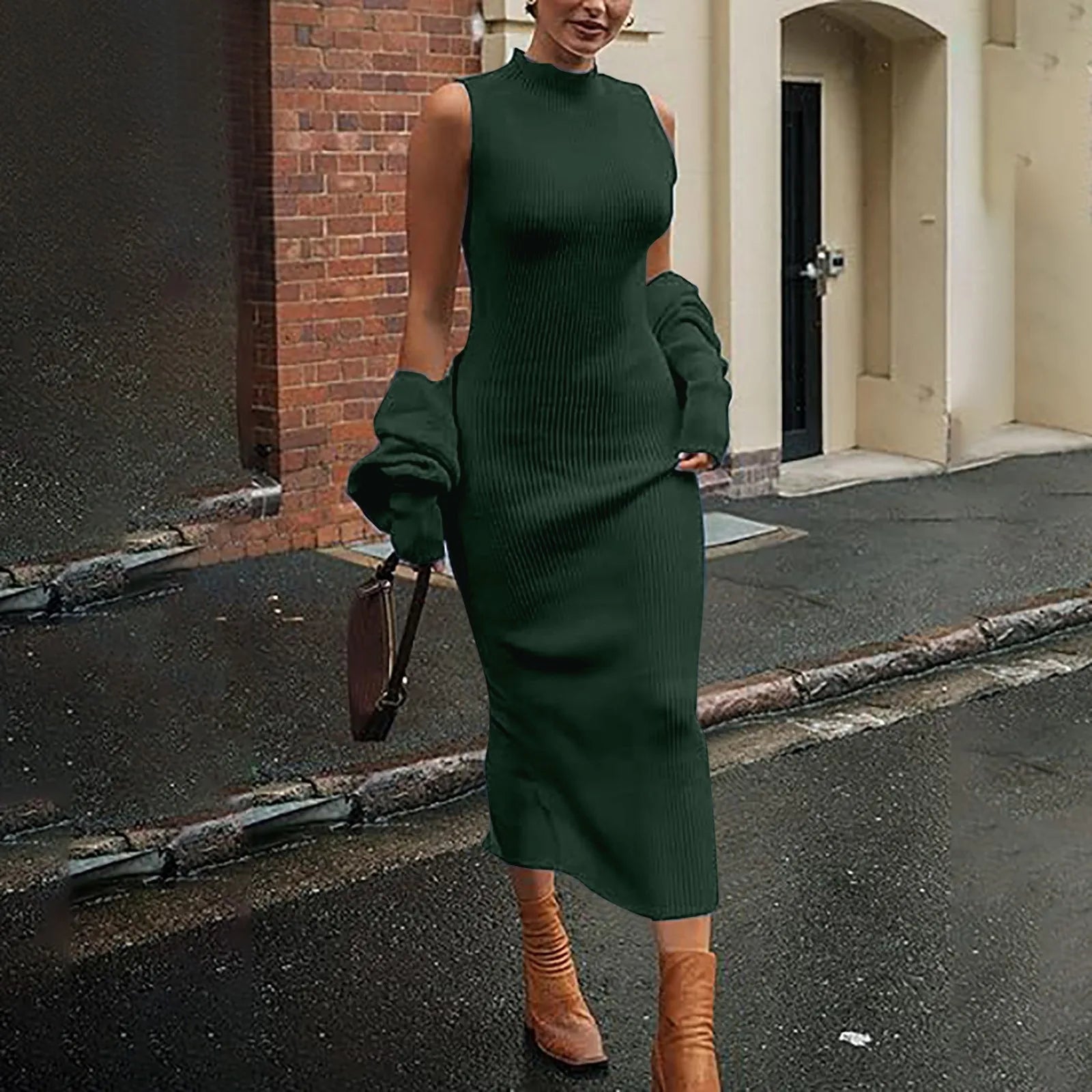 Fall Knitting Elegant Outfit Women Bodycon Tank Casual Pullover Sweater Maxi Dress Long Sleeve Cropped Cardigan  Milanni Fashion Green One Size United States