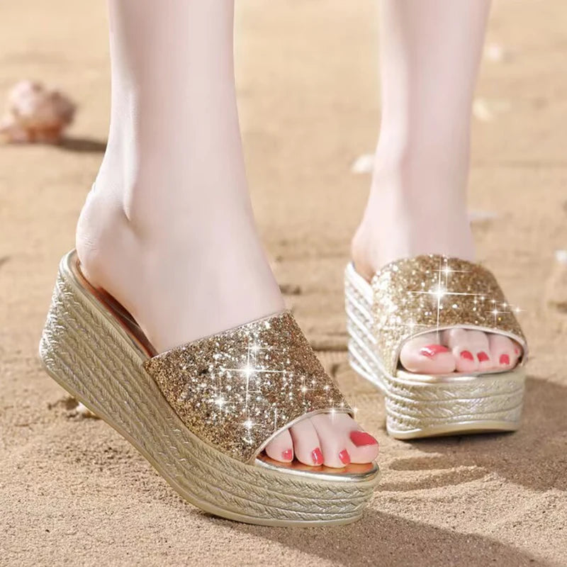 Sequins Wedges Slippers for Women Summer Open Toe Platform Sandals  Milanni Fashion   