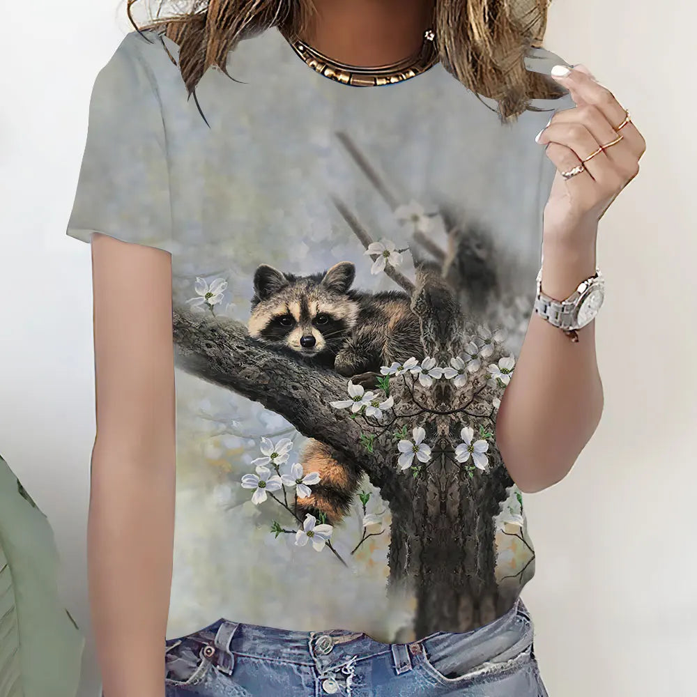 Animal Cute Raccoon 3D Print T-Shirt for Women Comfortable Graphic Tee for Casual Wear Milanni Fashion Gray XXXL