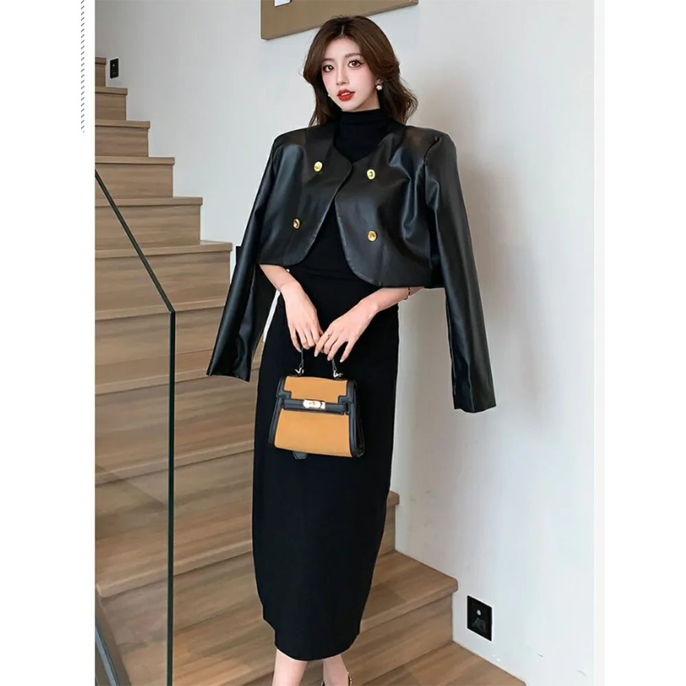 Retro O Neck Loose Short PU Leather Coat Jacket Slim High Neck Long Dress Two Piece Women Dress Suit Milanni Fashion