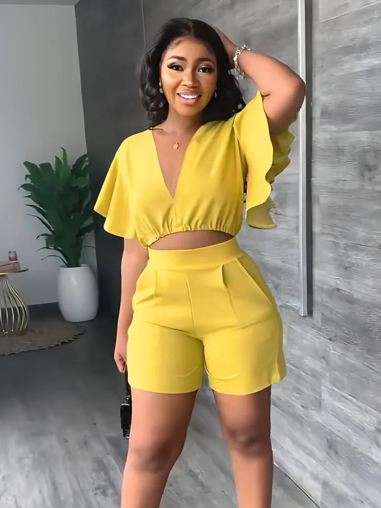 V-Neck Flounce Short Sleeve Top and Casual Shorts Office Wear Women's Summer Two Piece Set Outfit Milanni Fashion Yellow M