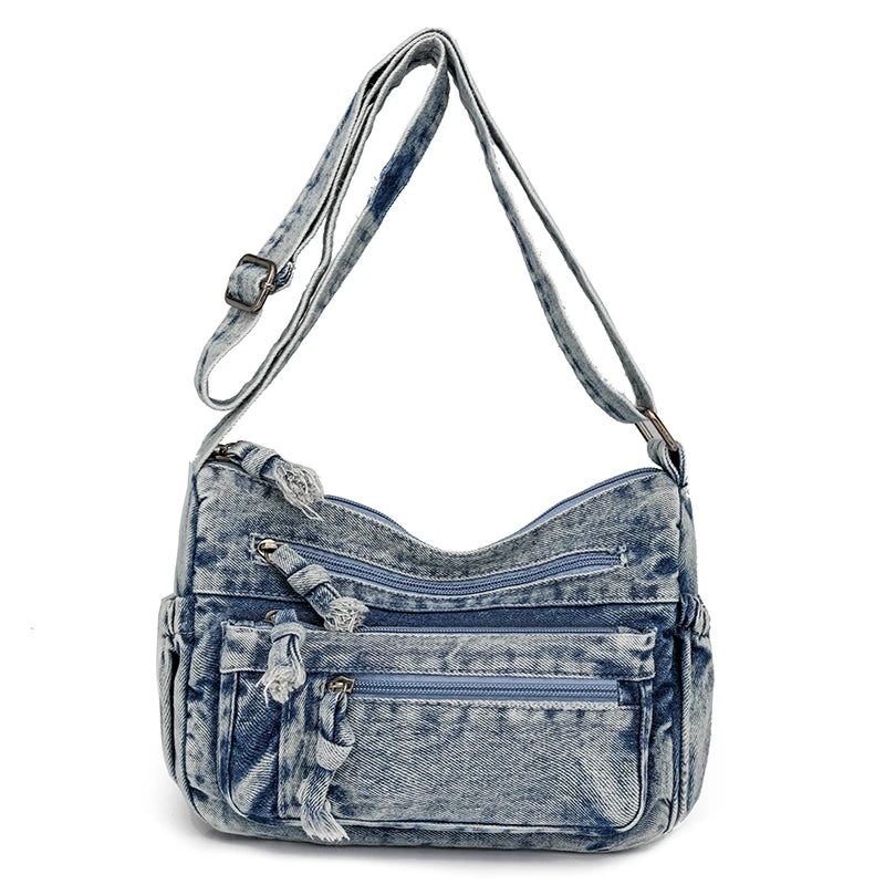 Washed Denim Shoulder Bag Women Small Canvas Messenger Bag  Milanni Fashion Blue  