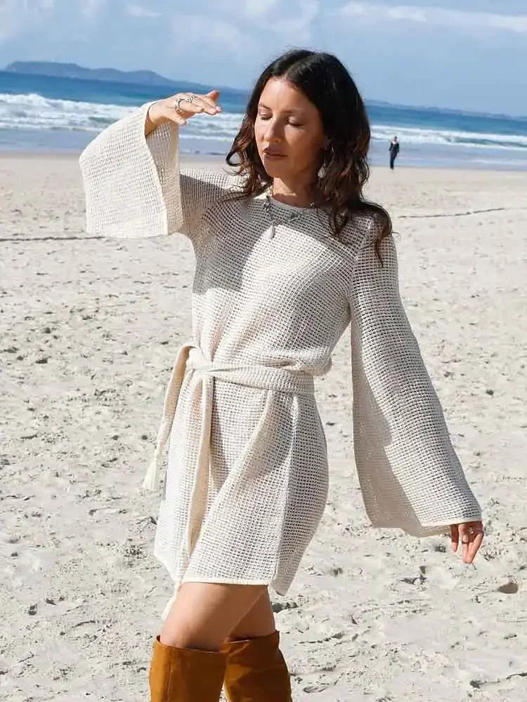 Swimwear Cover Up Knit Cut Out Round Neck Bell Sleeve Mini Beachwear Dress Women Summer Fashion Milanni Fashion