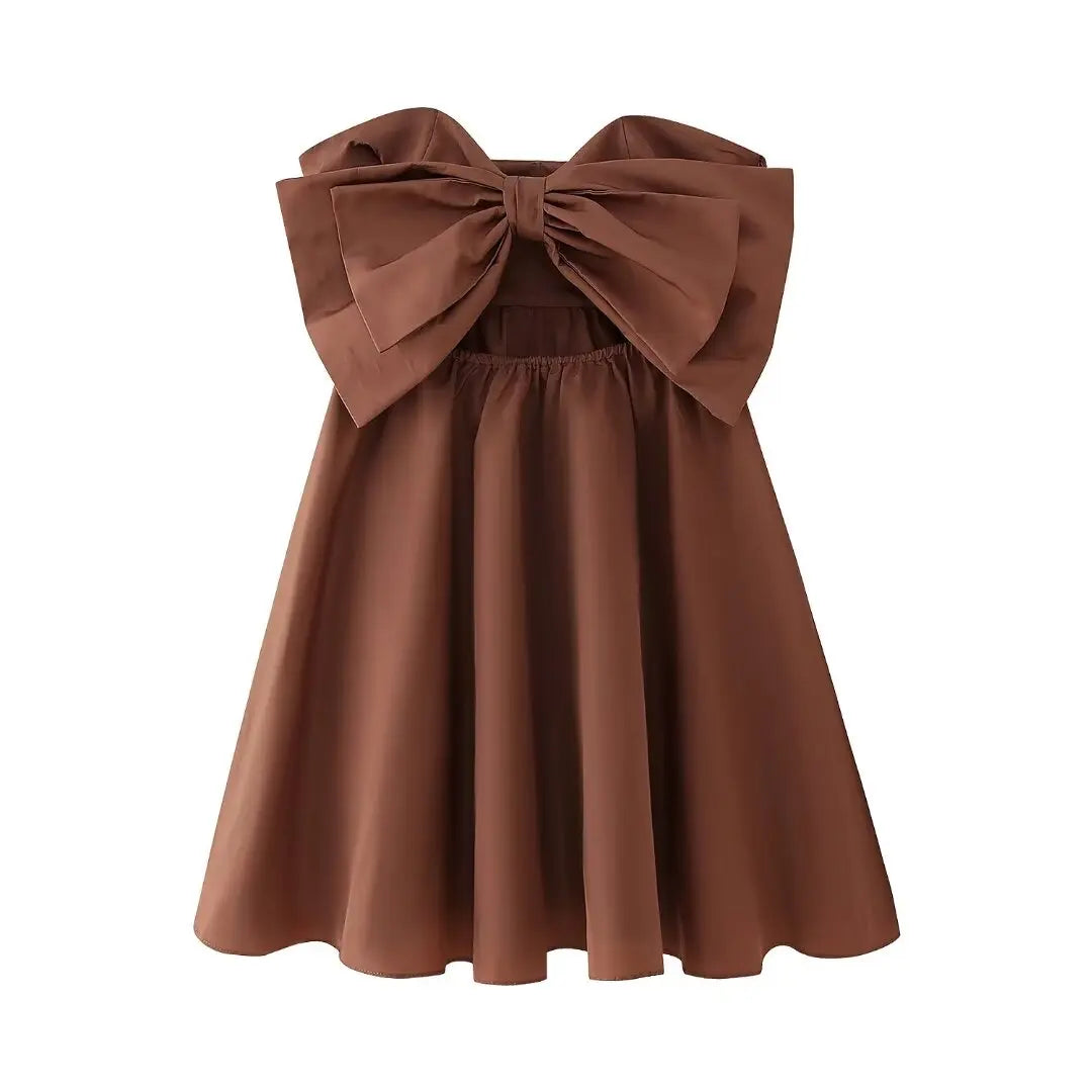 Bow Open Design Short Tube Top Dress - European And American Street Style  Milanni Fashion CHOCOLATE XS 