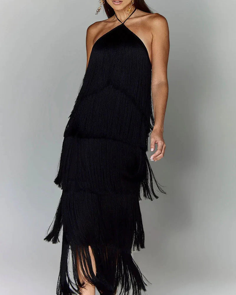 Fashion Neck Fringed Backless Slit Dress Elegant Stylish Sleeveless Gown Perfect For Events Maxi Dress Milanni Fashion Black M 