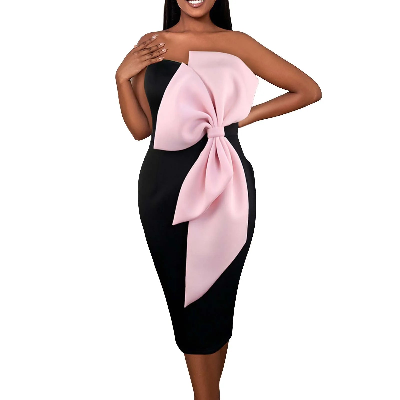 Tube Top Black Pink Big Bow Patchwork Bodycon High Waist Plus Size Midi Gown Elegant Formal Dress Milanni Fashion