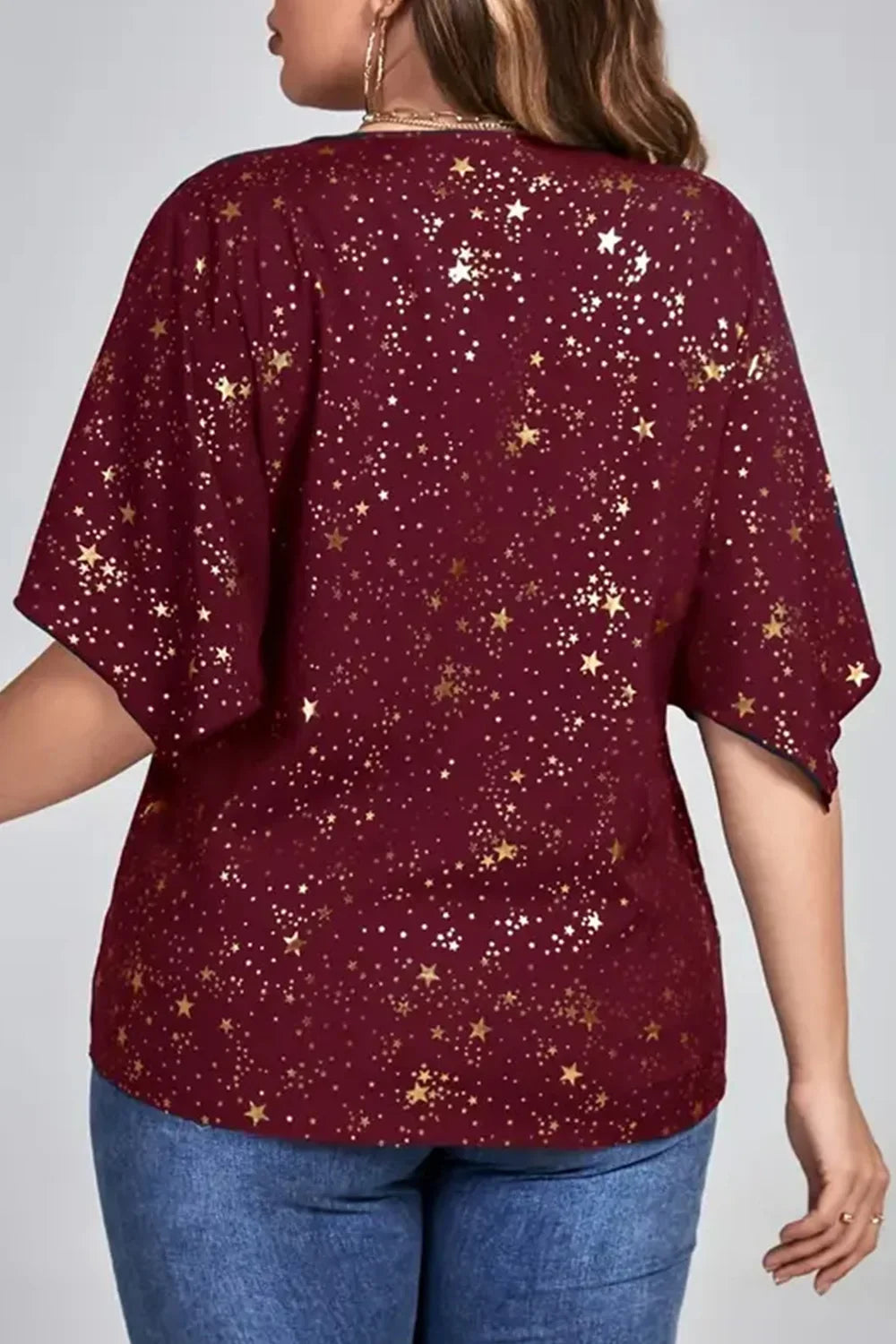 Plus Size Christmas Burgundy Sparkly Bronzing Print V Neck Blouse Half Sleeve Loose Top Milanni Fashion