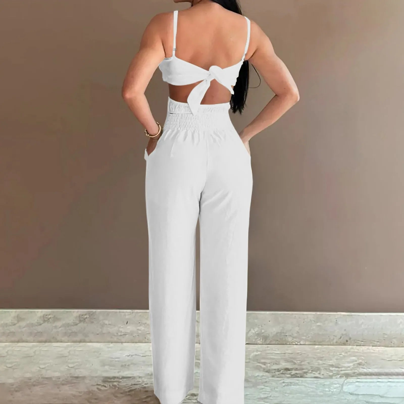 Suspender Jumpsuit Fashion Sleeveless Overalls Elegant Hollow Wide Leg Romper Casual Solid Long Jumpsuit Milanni Fashion