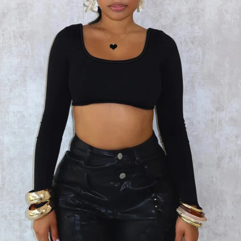 Sexy Cross Bandage Backless Long Sleeve Crop Top Women Bare Midriff Bottoming Tee Shirt Milanni Fashion Black L