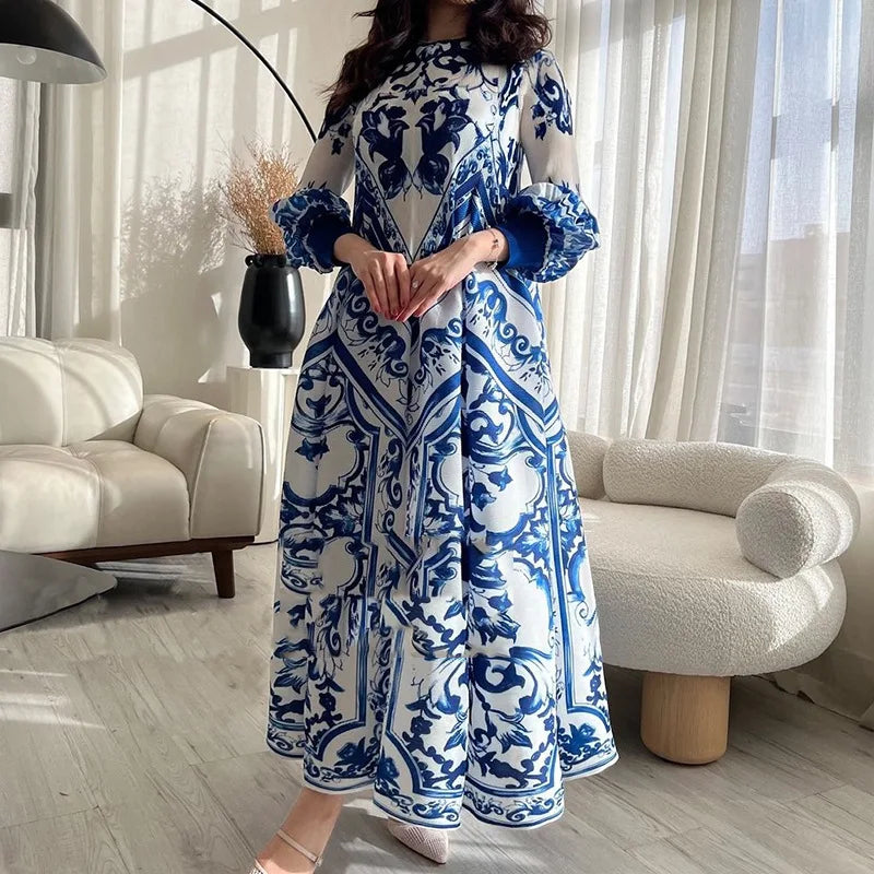 Pleated Dress Fashion Temperament Lantern Sleeve Loose Plus Size Big Hem Long Fall Dress for Women Milanni Fashion Blue One Size