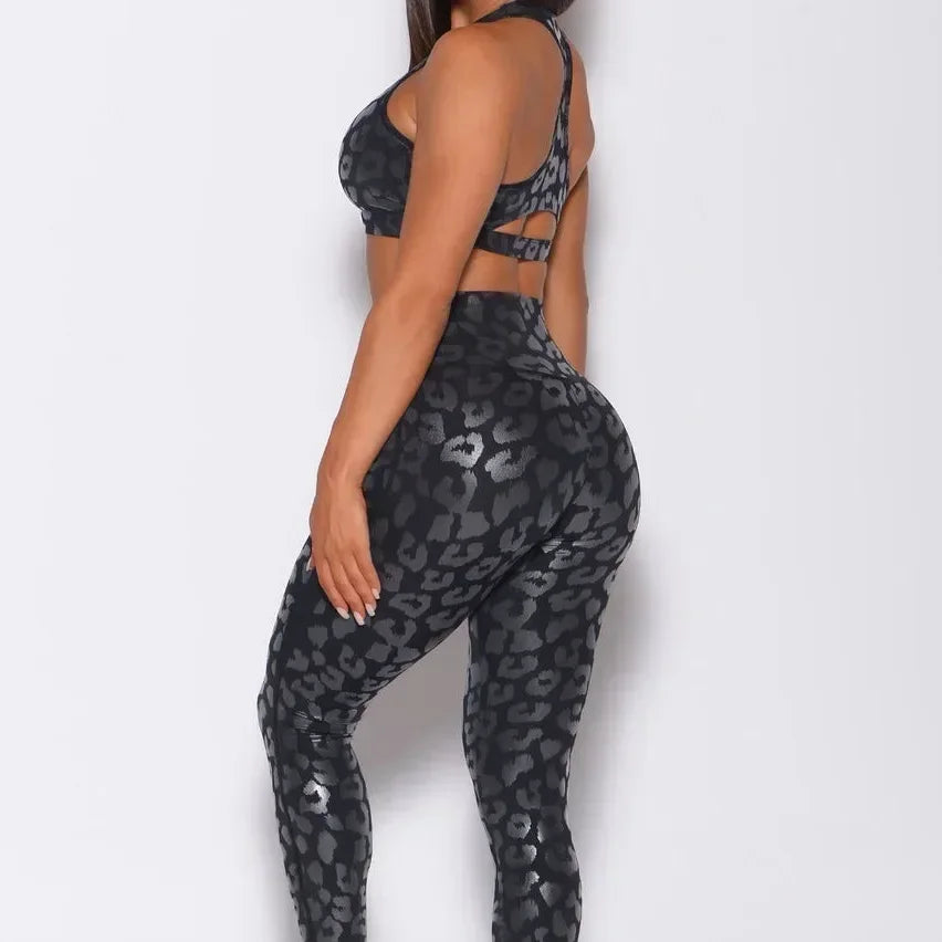 Shiny Fitness Vest & High-Waist Hip-Lift Leggings Two Piece Yoga Outfit Leopard Foil Activewear Set Milanni Fashion