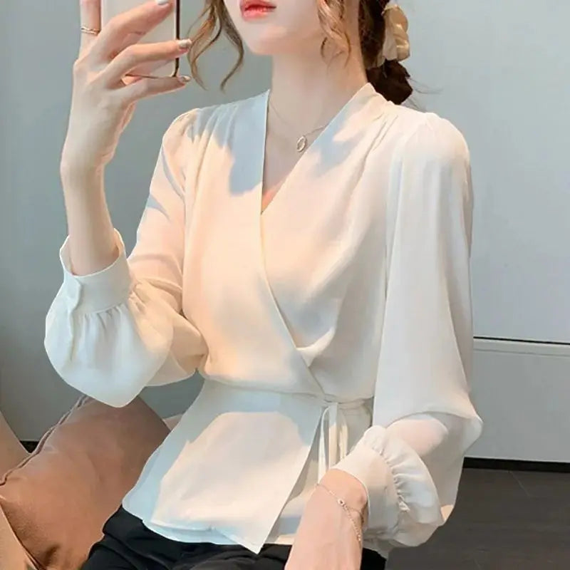 Stylish V-Neck Solid Color All-Match Bandage Chiffon Shirt Women's Spring Loose Korean Blouse Milanni Fashion