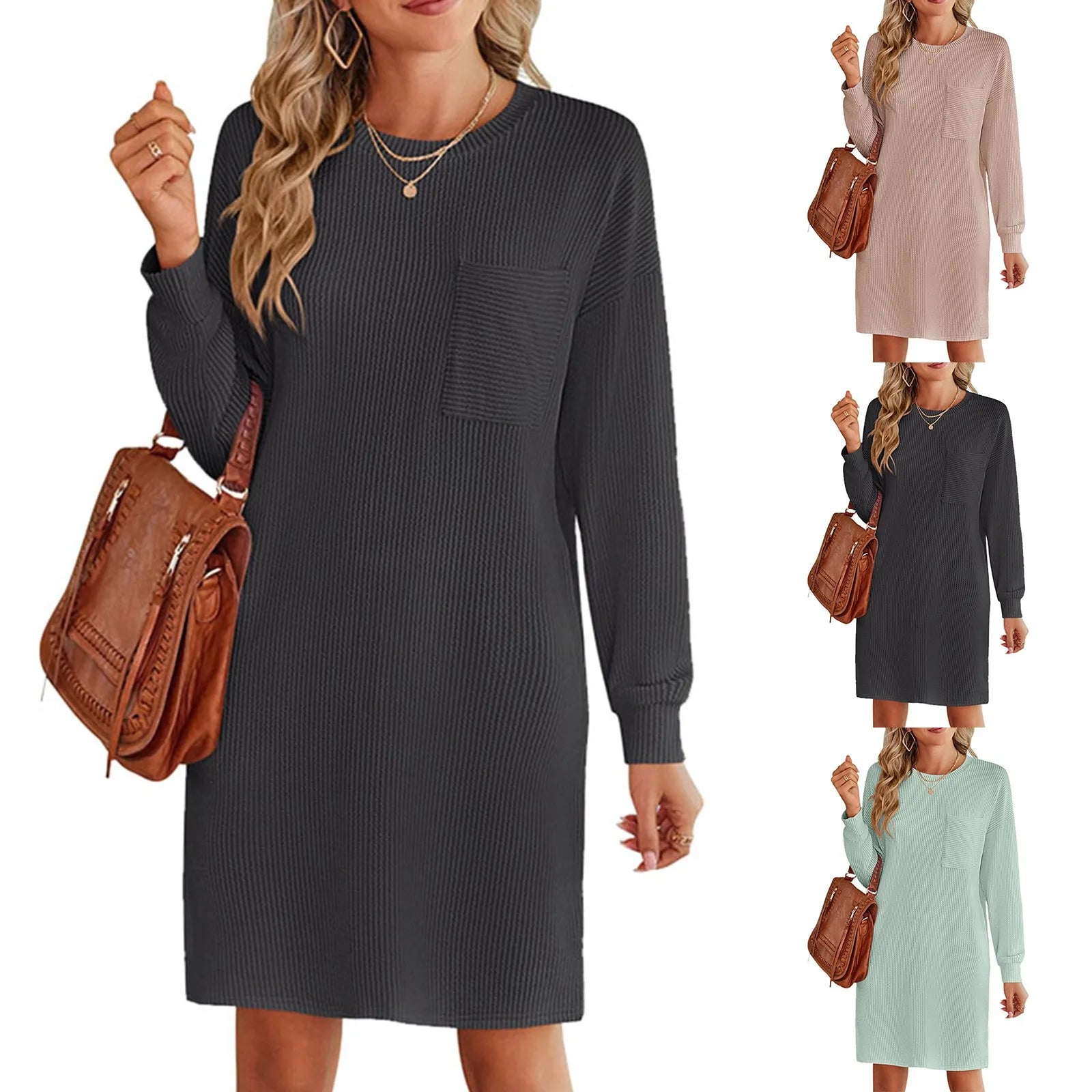 Long Sleeved Short Dresses Fall Winter Streetwear O Neck Pullover T Shirt Dress Slim Pockets Midi Dress  Milanni Fashion   