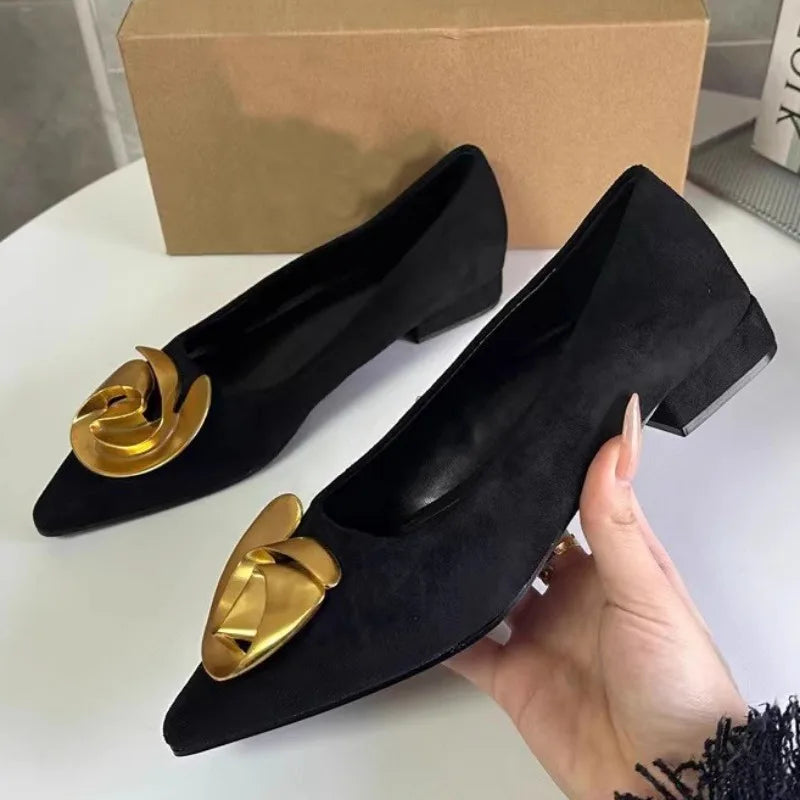 Pointed Toe Women's Flats Elegant Black Shoes with Trendy Metal Flower Design for a Luxury Look Milanni Fashion