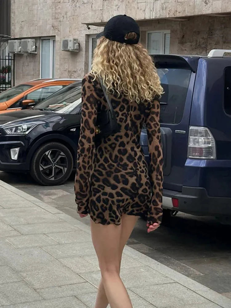 Sexy Leopard Print Slim Short Dress Vintage Chic Street O-Neck Long Sleeve Dress for Women Milanni Fashion