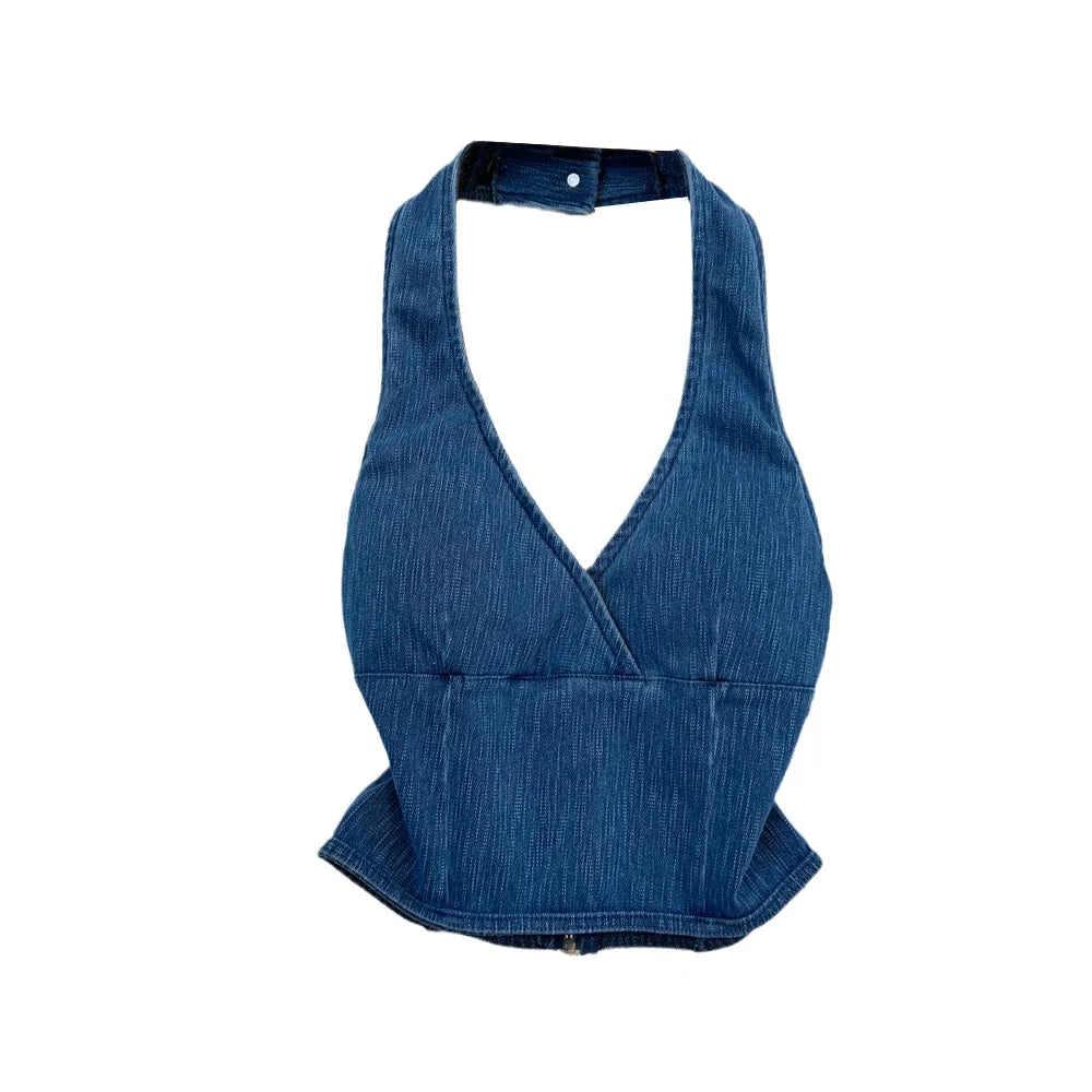 Tank Top Women Denim Halter Off-shoulder Backless Jeans Crop Top  Milanni Fashion   