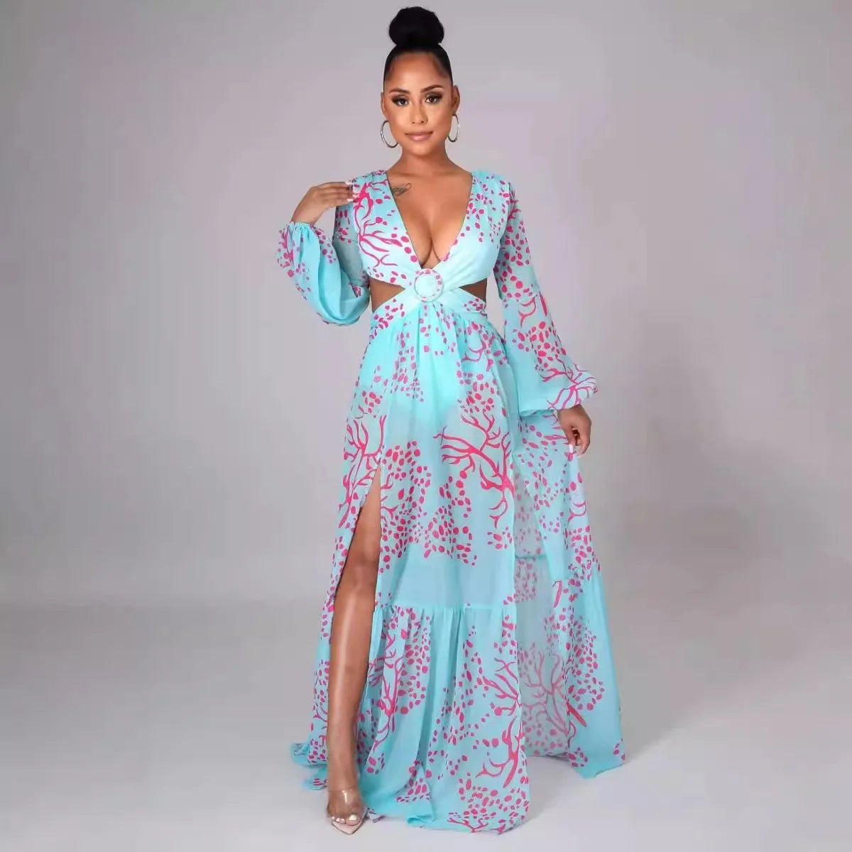 European and American Fashion Sexy Printed Lantern Long Sleeved V-neck Slit Dress Maxi Dress Milanni Fashion CYAN M 