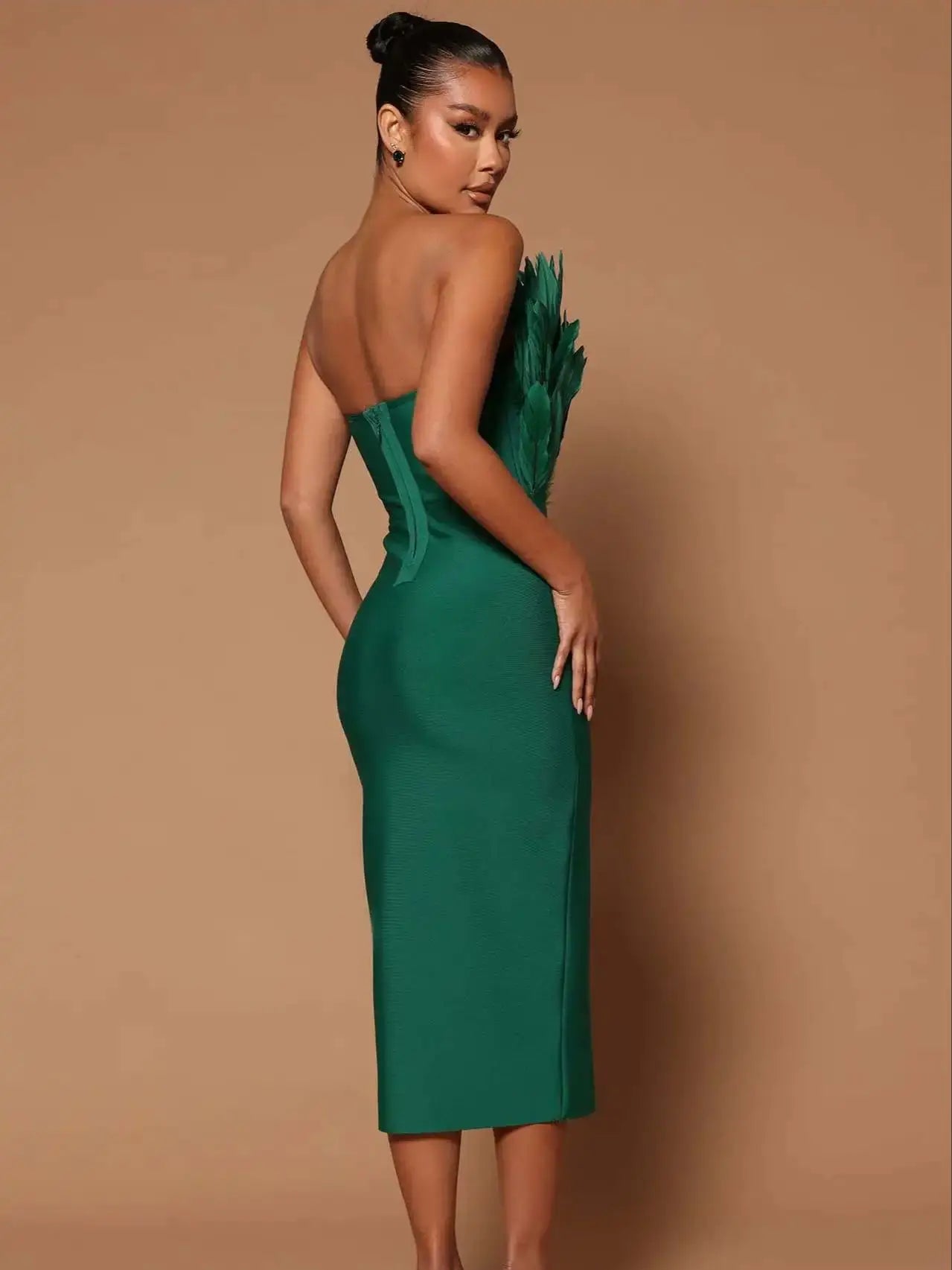 Women Sexy Strapless Brown Feathers Bodycon Bandage Dress Elegant Midi Evening Club Party Dress Midi Dress Milanni Fashion   