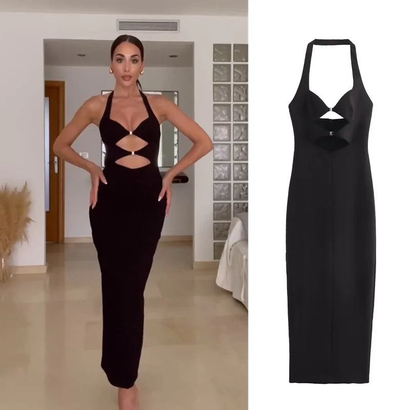 2024 New Style Fashion Temperament Elegant Black Halter Neck Waist Dress Midi Dress Milanni Fashion   