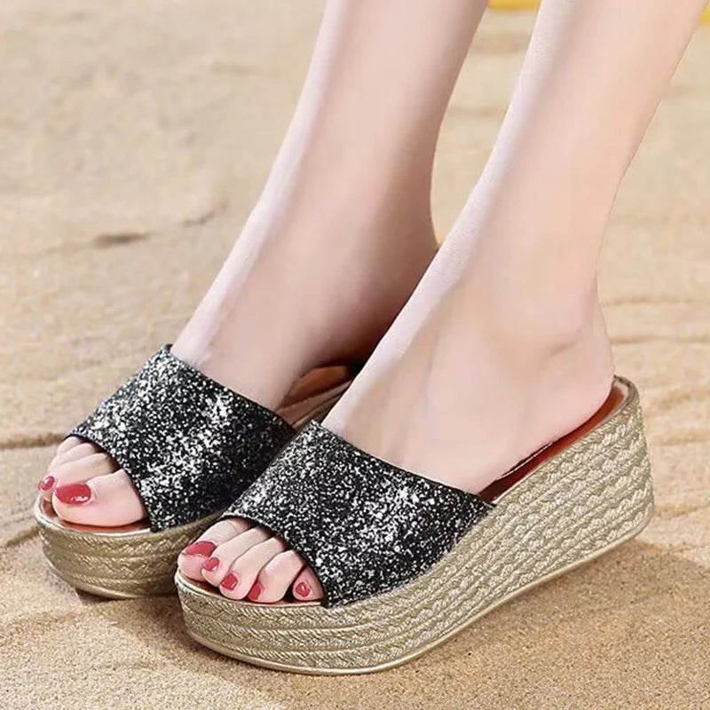 Sequins Wedges Slippers for Women Summer Open Toe Platform Sandals  Milanni Fashion black 38 