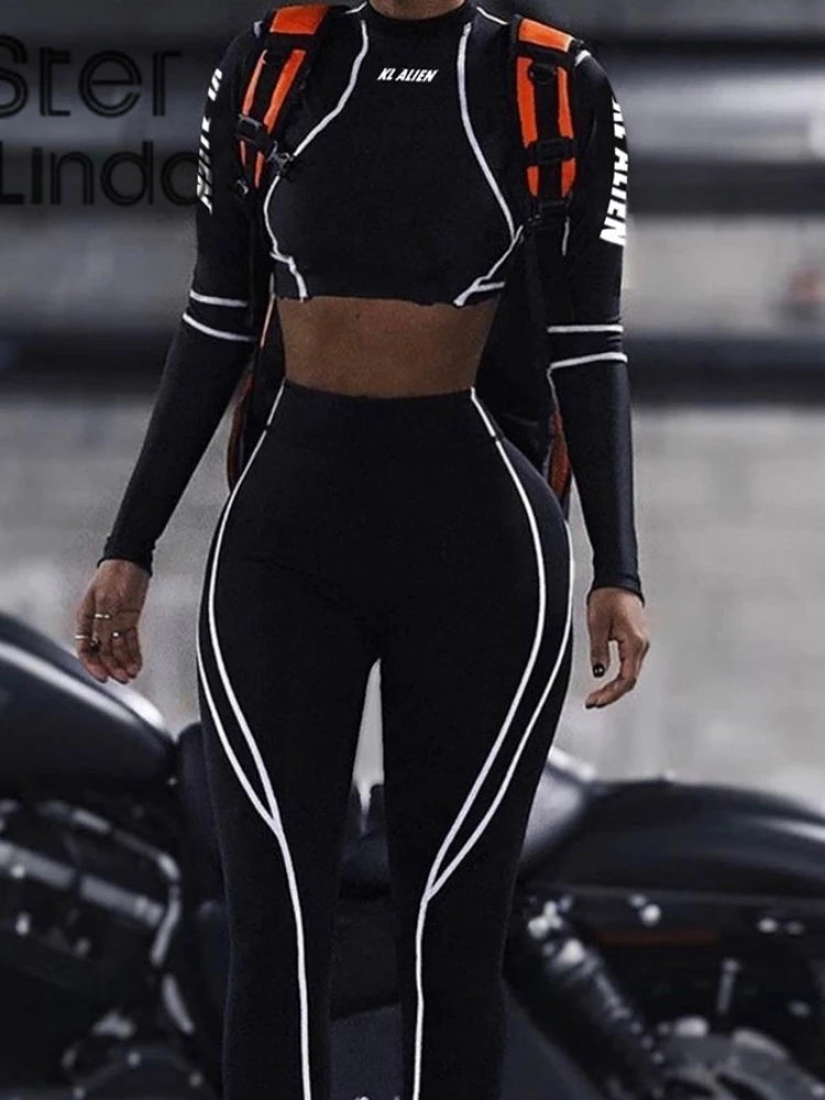 Elastic Cool Matching Sets Long Sleeve Cropped Top & Pants Two Piece Striped Sportswear Milanni Fashion