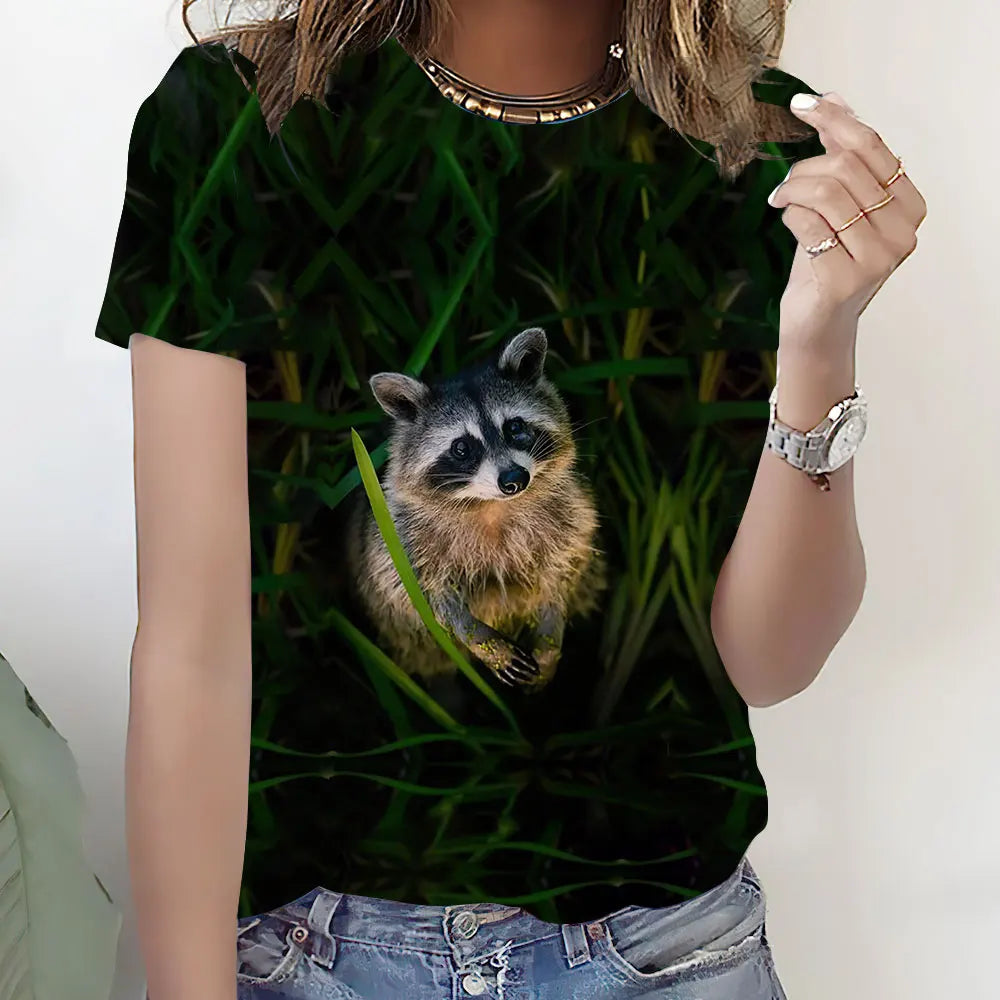 Animal Cute Raccoon 3D Print T-Shirt for Women Comfortable Graphic Tee for Casual Wear Milanni Fashion Black XXL