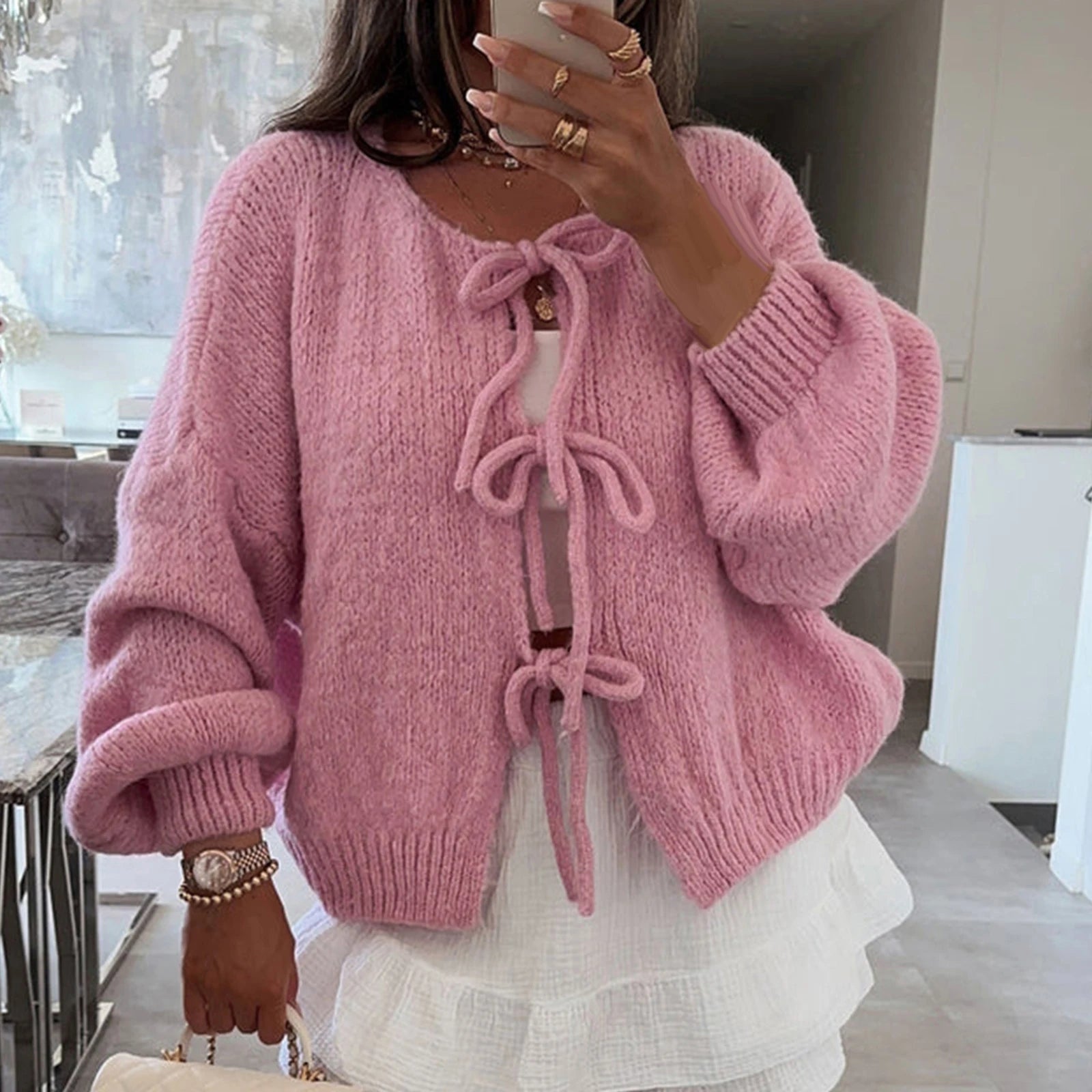 Women's Vintage Sweater Clothes Fall Tie Front Sweater Solid Color V-Neck Long Sleeve Loose Knitwear Soft Cardigan  Milanni Fashion   