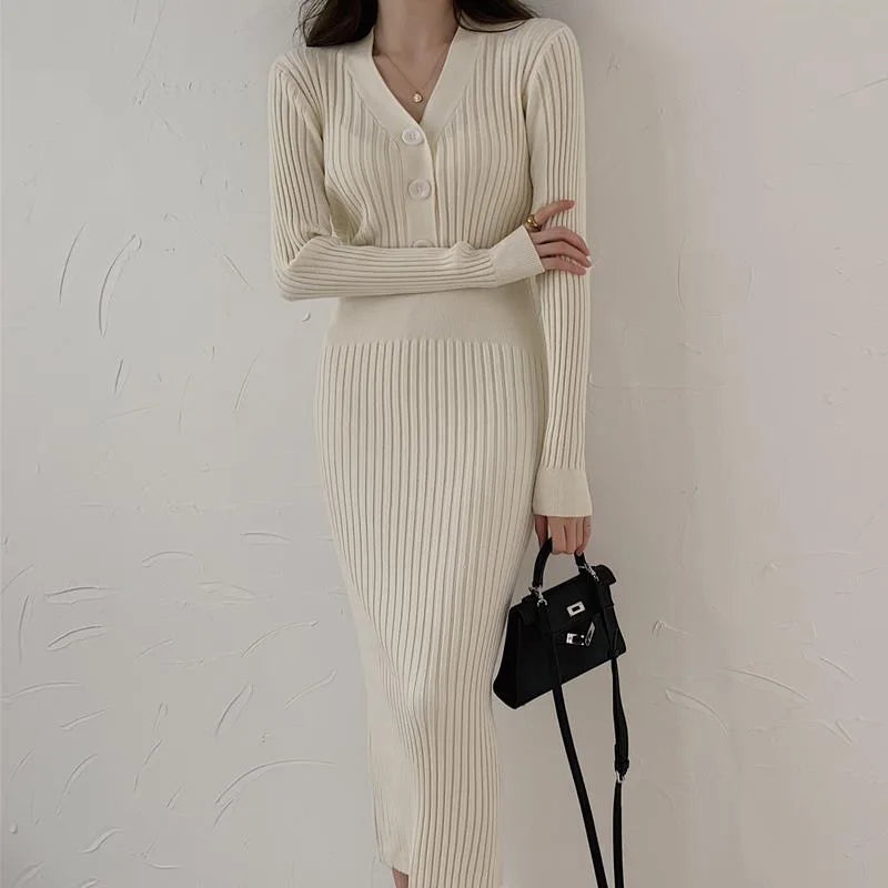 Winter Slim Women Long Dress V Neck Sexy High Waist Knitted Long Sleeve Solid Color Outwear Dress  Milanni Fashion   