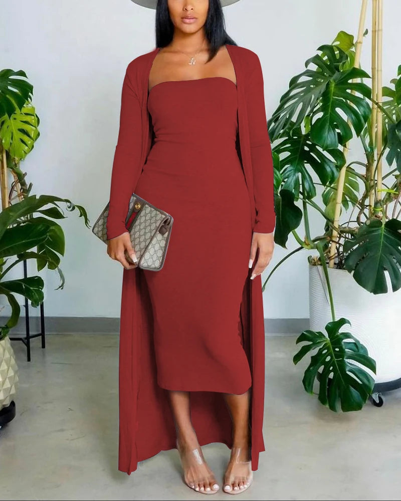 Solid Tube Bodycon Dress & Longline Coat Outfit New Autumn Fashion Women's 2-Piece Set  Milanni Fashion Red XXL 