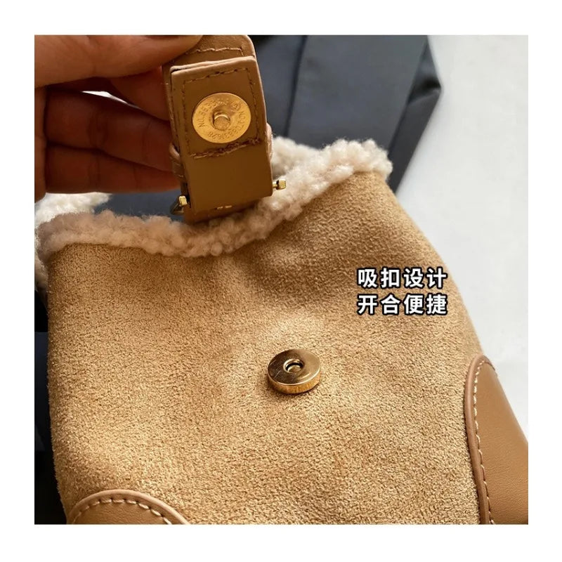 Lamb Wool Casual Bucket Crossbody Bag Women's Luxury Deerskin Fleece Leather Shoulder Handbag Milanni Fashion