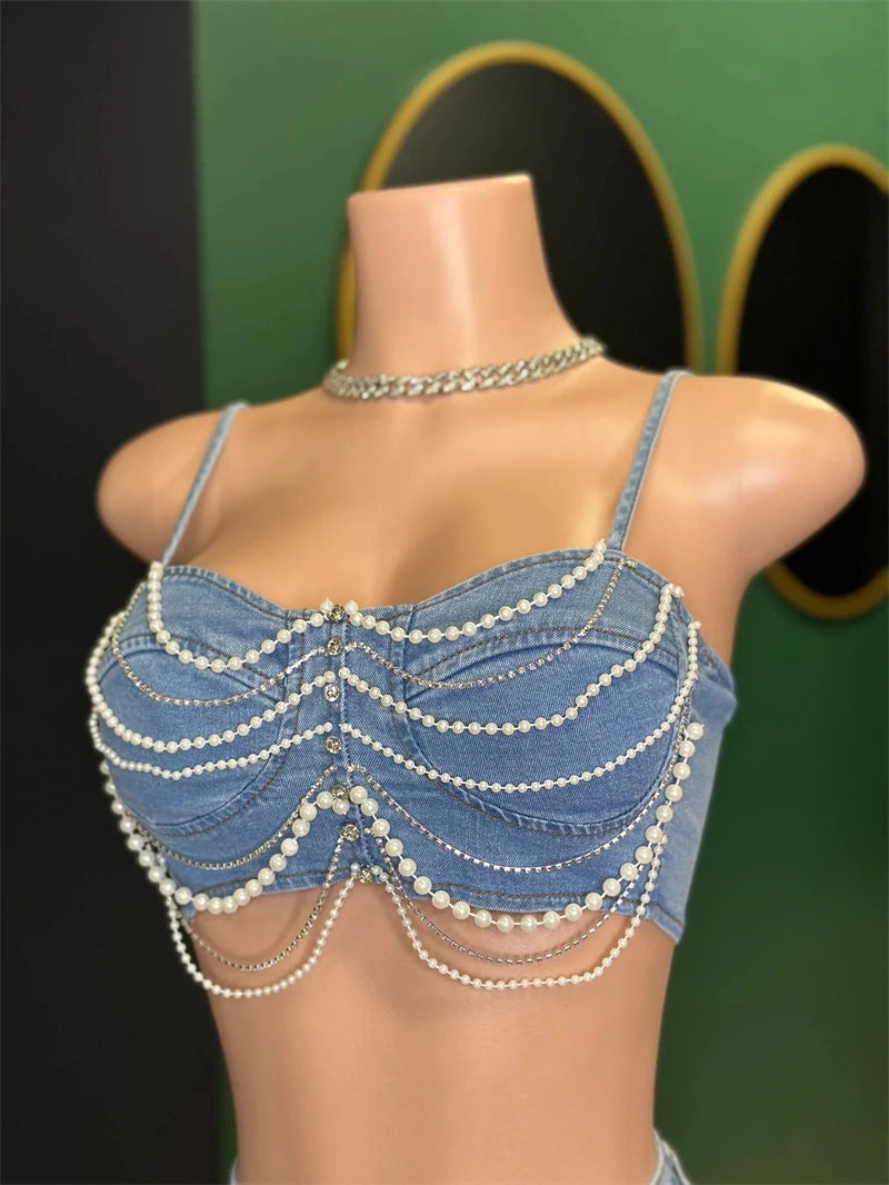 Strapless Pearl Beaded Denim Set Sexy Two Piece Jean Outfit with Top & Shorts for Women Milanni Fashion