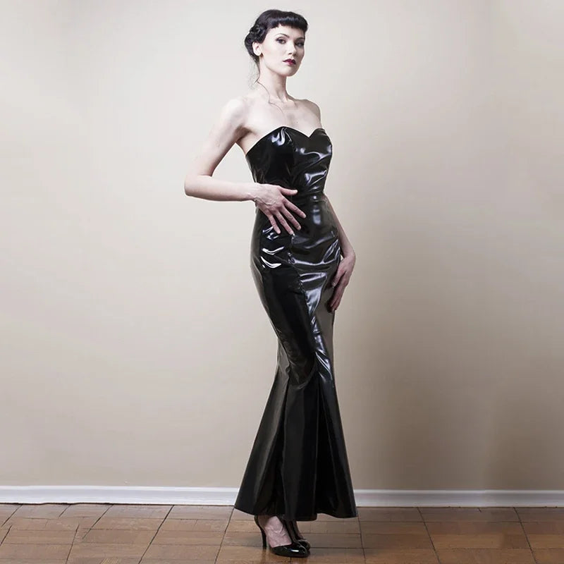 Strapless Black PVC Mermaid Dress Women Elegant Faux Latex Leather Long Dress Maxi Dress Milanni Fashion black XS 