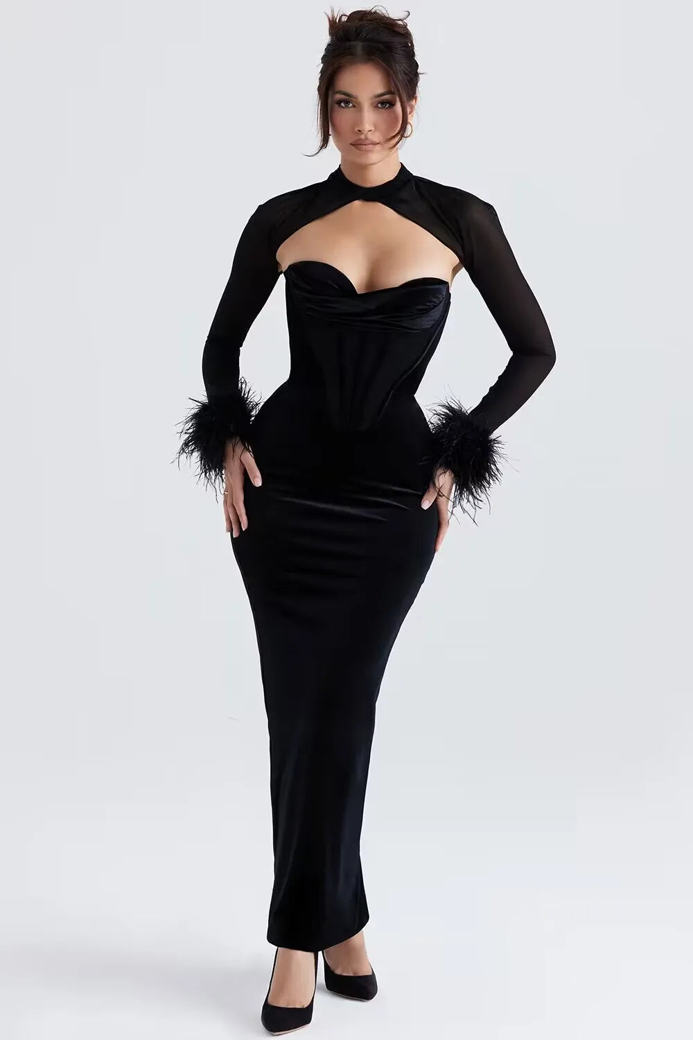 Sexy Bandage Dress Black Feather Long Sleeves Hollow Out Satin Fashion Party Celebrity Bodycon Elegant Length Dress Midi Dress Milanni Fashion   