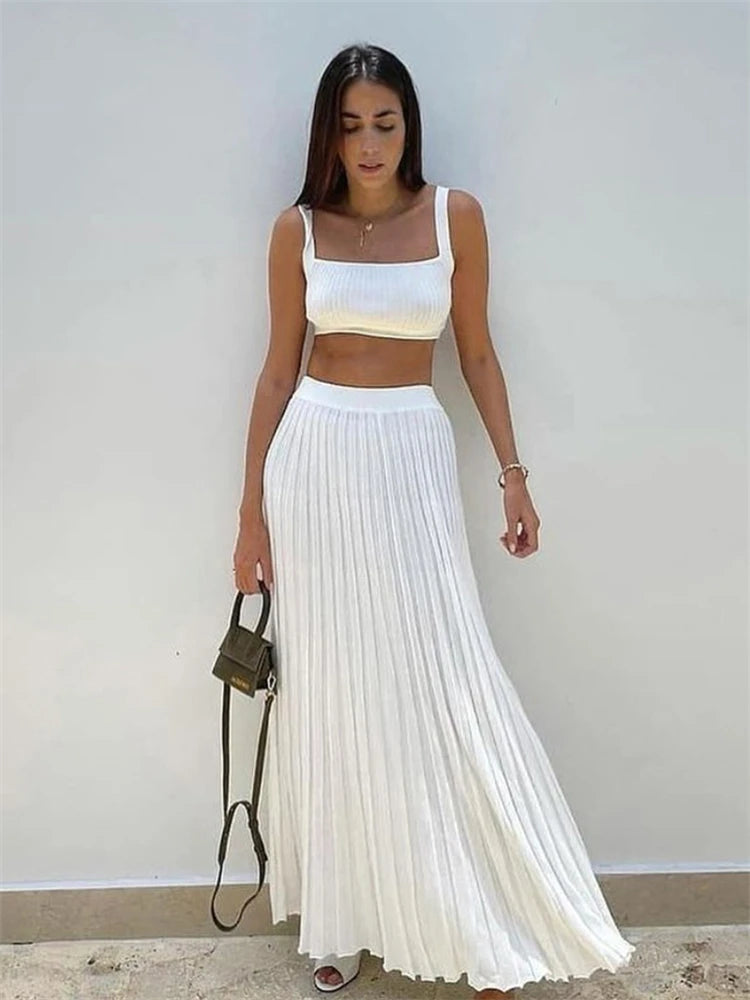 Ribbed Tank Top and Pleated Skirt for Women Stylish Casual Summer Outfit White Knit Two-Piece Set Milanni Fashion