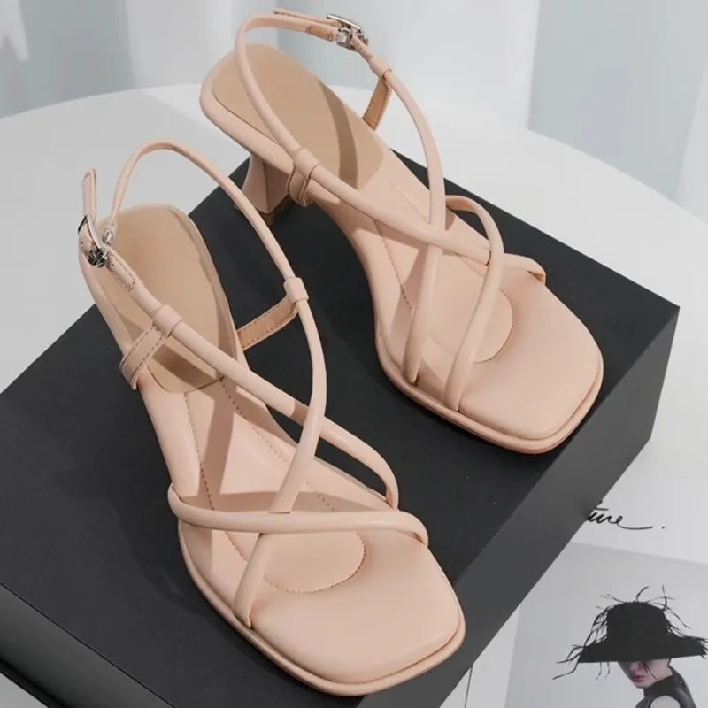 High Heels Cross Strap Comfort Sandals Elegant Women's Footwear Stylish Stylish Summer Shoes Milanni Fashion Beige 38