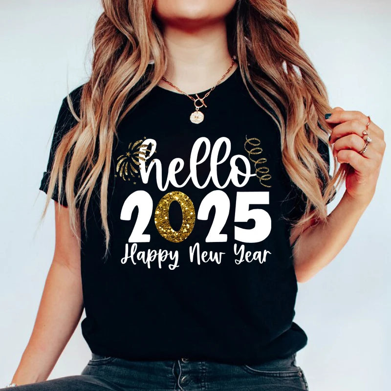 Hello 2025 Printed Women’s T-Shirt Casual O-Neck Short Sleeve Holiday Party Top Perfect Gift Milanni Fashion