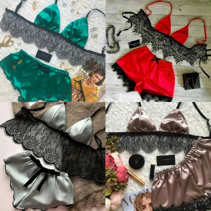 Sexy Silk Satin Lingerie Pajamas Set for Women Soft Crop Top Bralette & Panty Set Comfortable Underwear Milanni Fashion