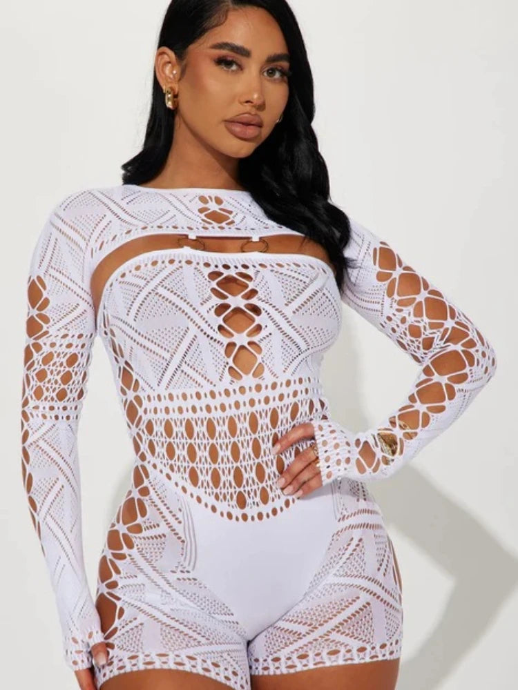 Sexy See Through Mesh Playsuit Women Rompers Long Sleeve Hollow Out Skinny Night Club Outfit One Pieces Jumpsuit Shorts Bodysuit  Milanni Fashion WHITE One Size 