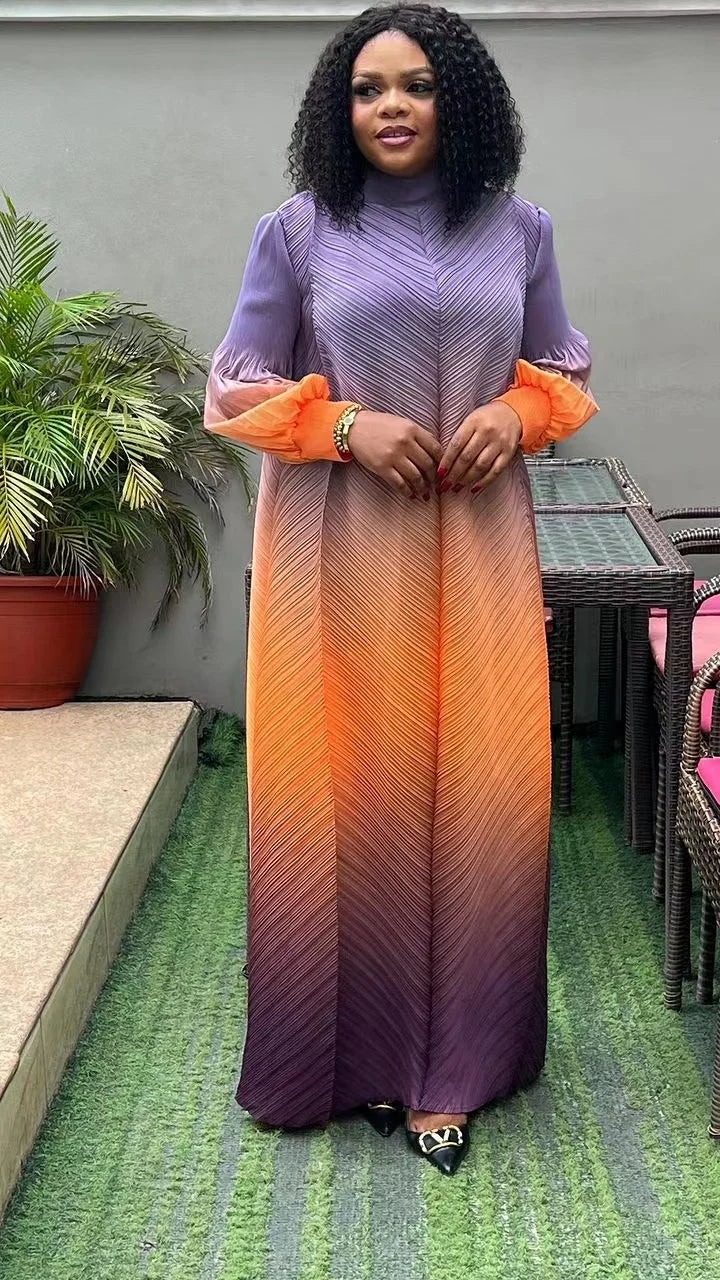 Pleated Maxi Long Dress Gradient Color Lantern Sleeves Half Turtleneck Formal Dress Maxi Dress Milanni Fashion Light Purple One Size 