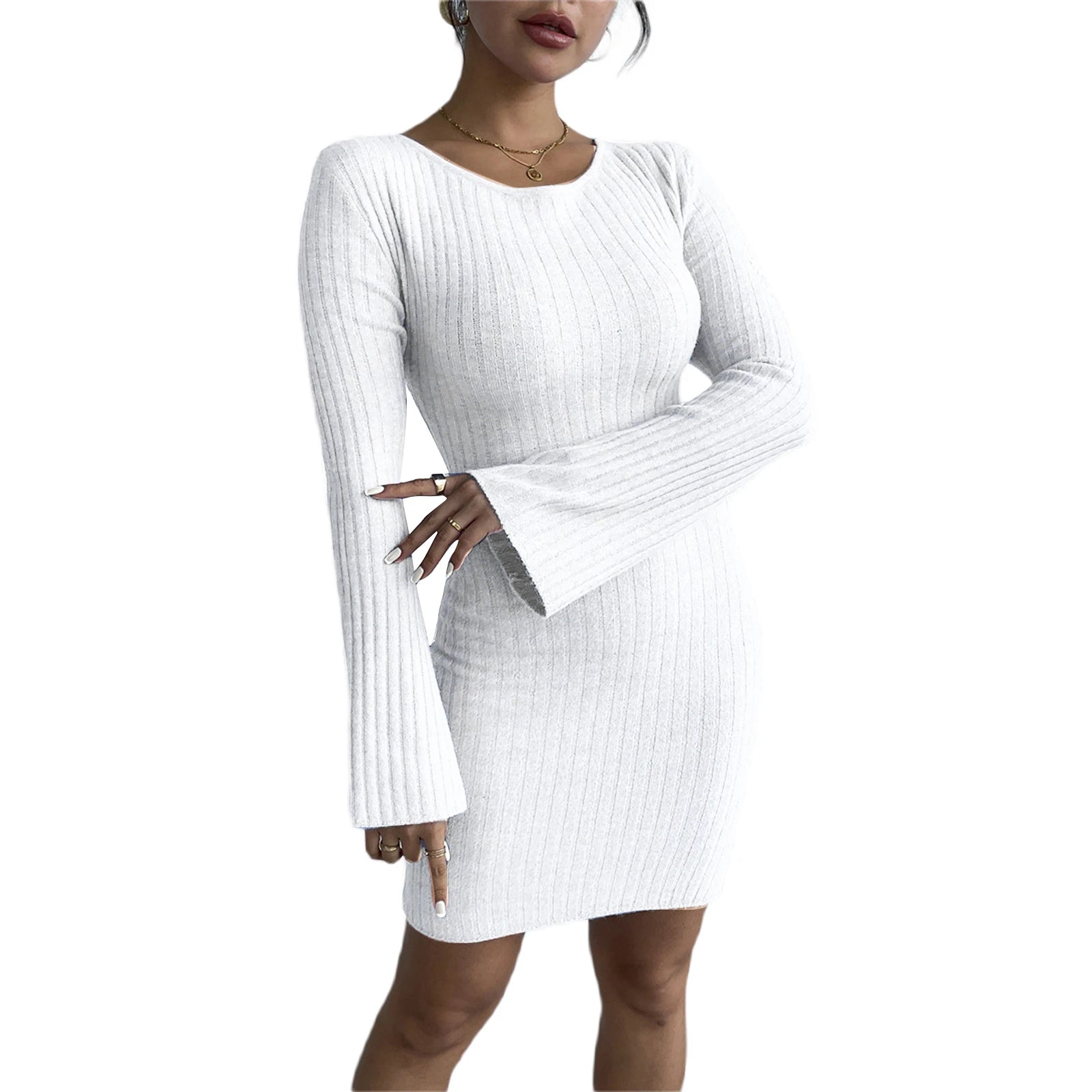 Fall Winter Knitted Sweater Dress for Women Casual Solid Color Long Sleeve Back Hollow Out Bodycon Party Mini Dress for Beach  Milanni Fashion WHITE M 