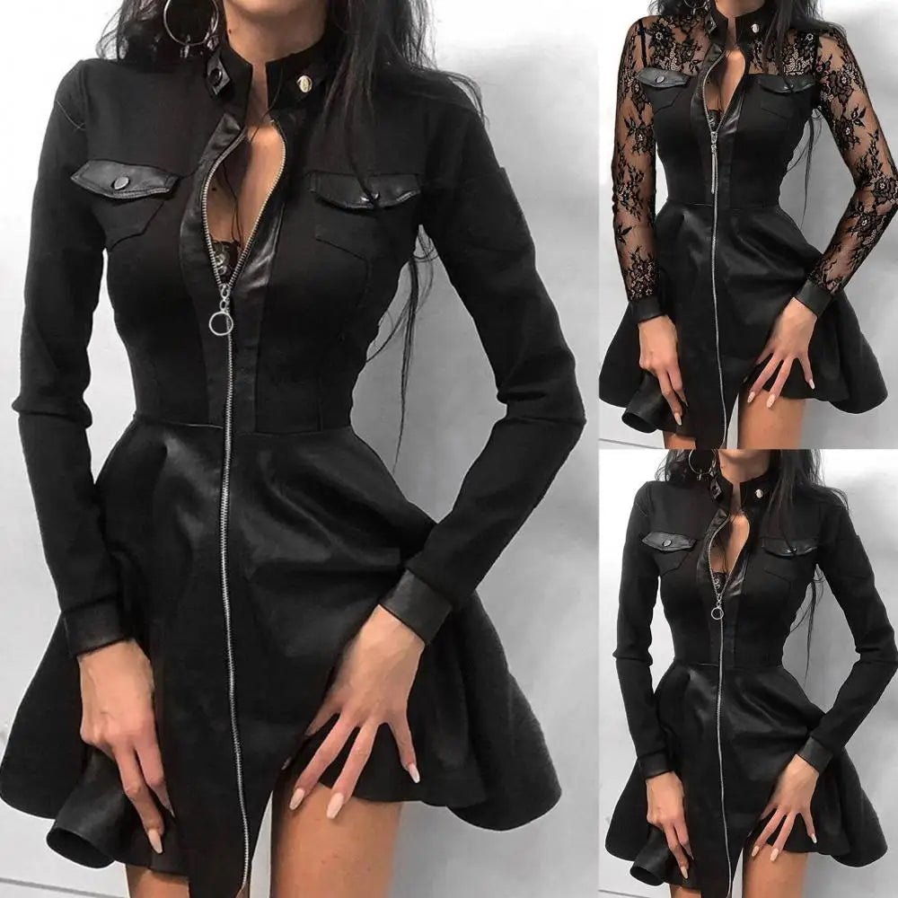 Fashion Women’s Lace Long Sleeve Zipper Pocket Faux Leather Mini Dress with Large Hem Milanni Fashion