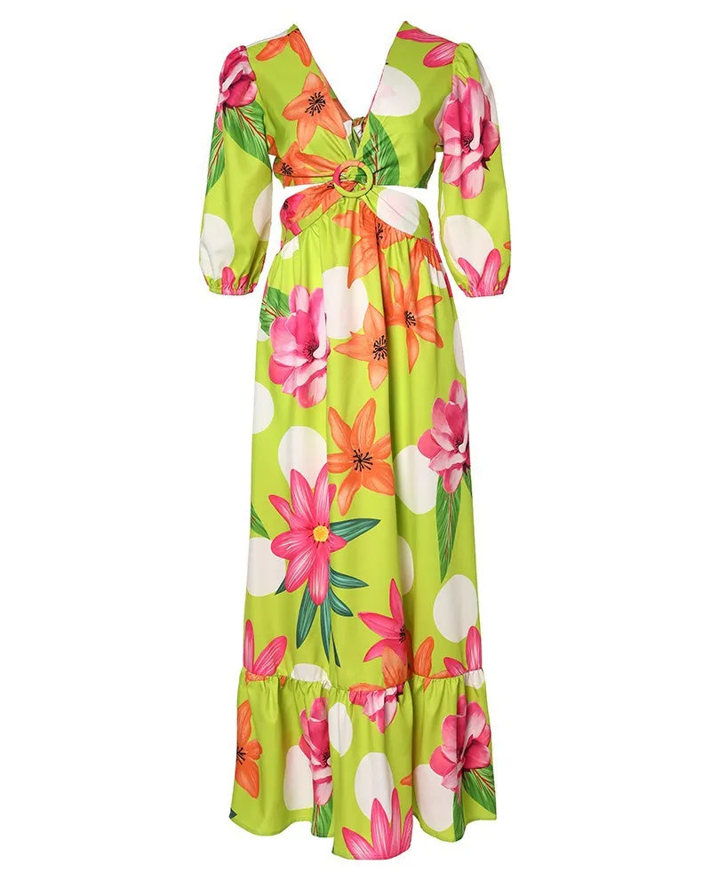 Women Long Sleeved Cutout V-Neck Twist Summer Elegant Tie Dyed Floral Printed Lantern Sleeve Split Thigh Maxi Dress Maxi Dress Milanni Fashion   