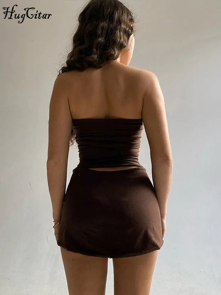Solid Sleeveless Folds Tube Crop Top Skirts 2 Piece Matching Set Streetwear Beach Clothing  Milanni Fashion   