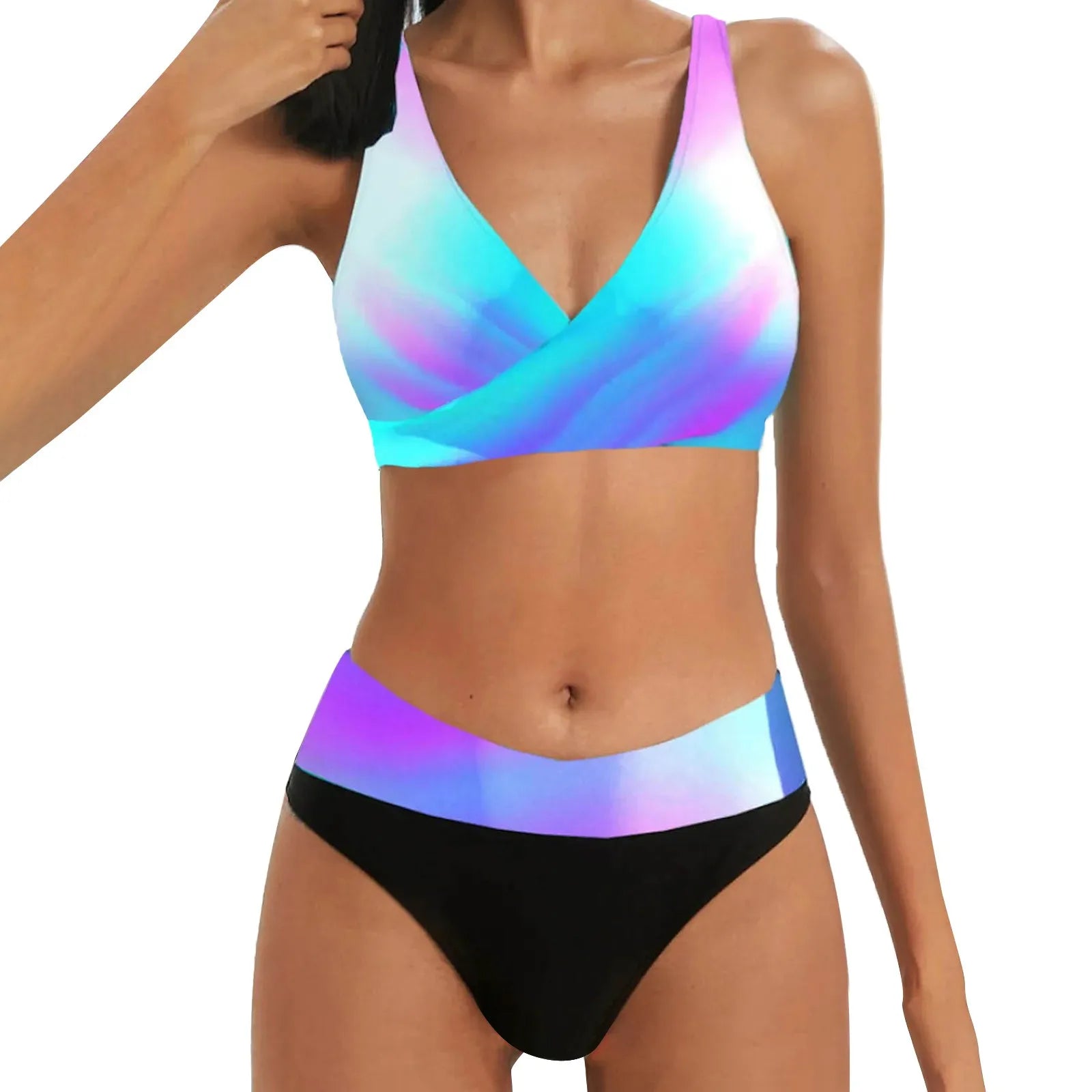 Color Print High-Waisted Tankini Set Triangle Bikini Top and Panties Two-Piece Swimwear for Women Milanni Fashion Purple XL United States